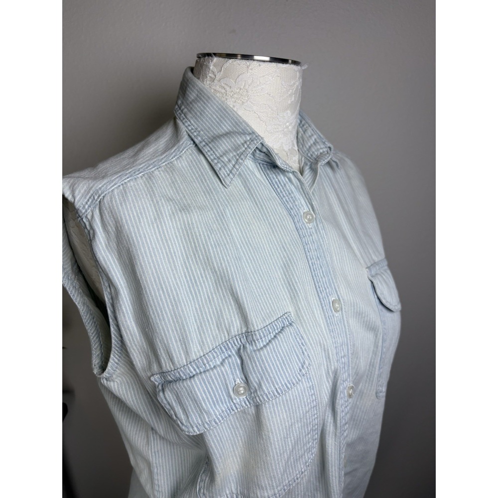 Vintage Off Base Men S Light Blue Sleeveless Button Up Hickory Stripe Cotton - Picture 6 of 14